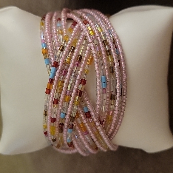 VTG 1990s Pink Braid Beaded Chunky Cuff Bracelets - Picture 2 of 6